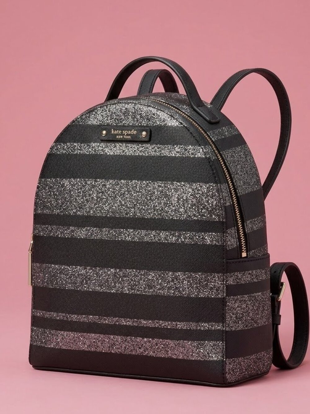 NWT Kate Spade Vintage Black Leather and Silver Glitter Striped Mini Backpack